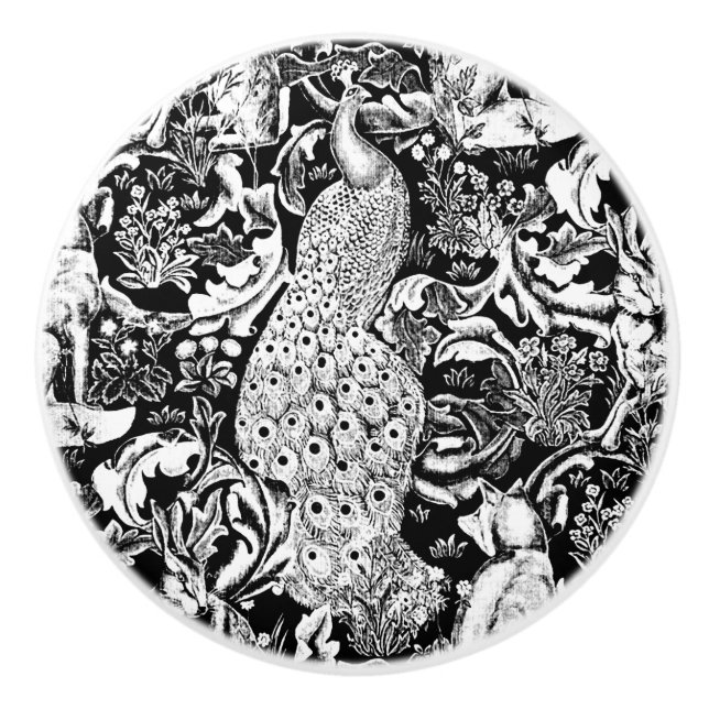 Art Nouveau Peacock Print, Black and White Ceramic Knob (Front)