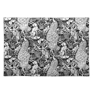 Art Nouveau Peacock Print, Black and White Cloth Placemat