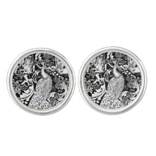 Art Nouveau Peacock Print, Black and White Cufflinks
