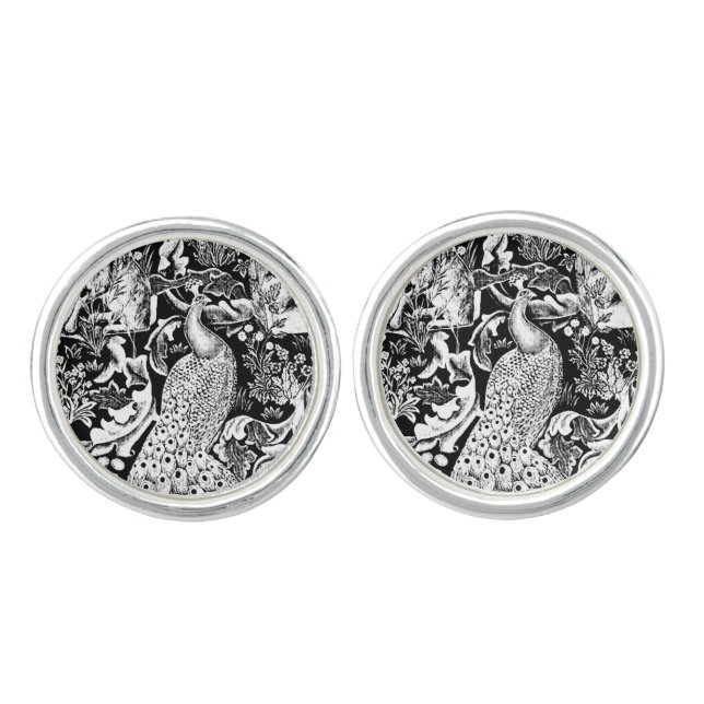 Art Nouveau Peacock Print, Black and White Cufflinks (Front)