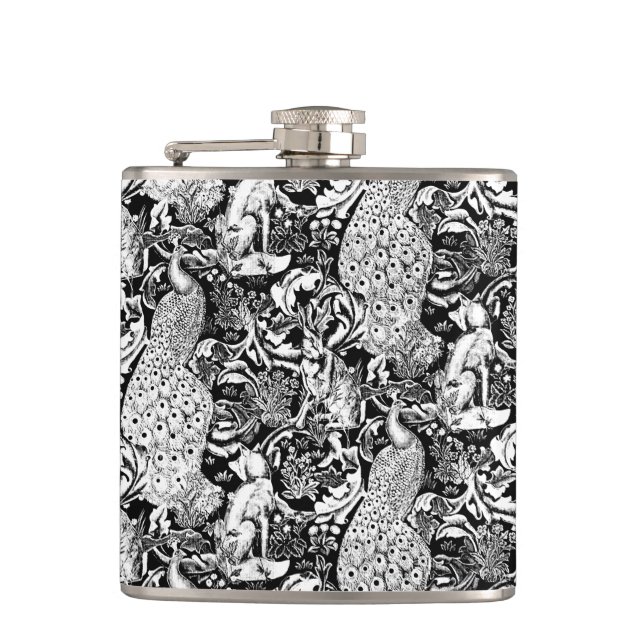 Art Nouveau Peacock Print, Black and White Flask (Front)