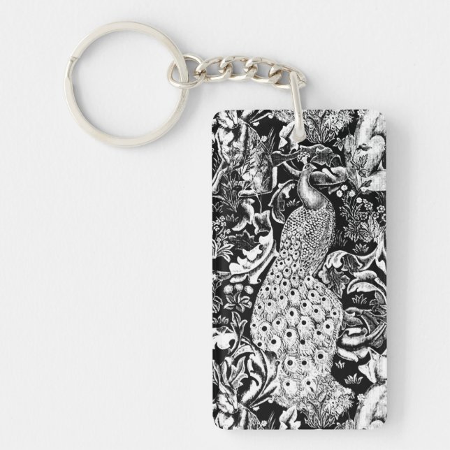 Art Nouveau Peacock Print, Black and White Keychain (Front)