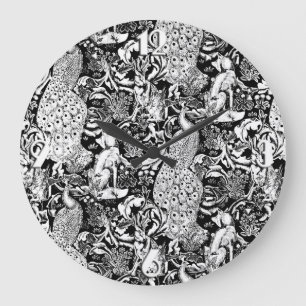 Art Nouveau Peacock Print, Black and White Large Clock