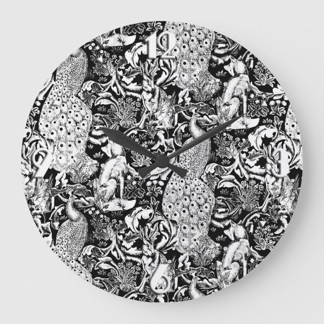 Art Nouveau Peacock Print, Black and White Large Clock (Front)