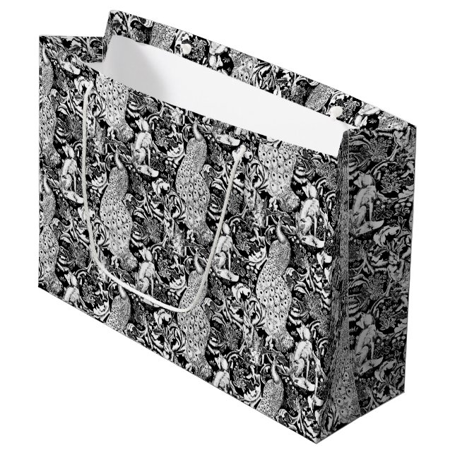 Art Nouveau Peacock Print, Black and White Large Gift Bag (Front Angled)