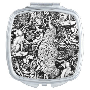 Art Nouveau Peacock Print, Black and White Makeup Mirror