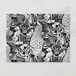 Art Nouveau Peacock Print, Black and White Postcard