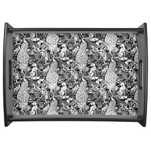 Art Nouveau Peacock Print, Black and White Serving Tray