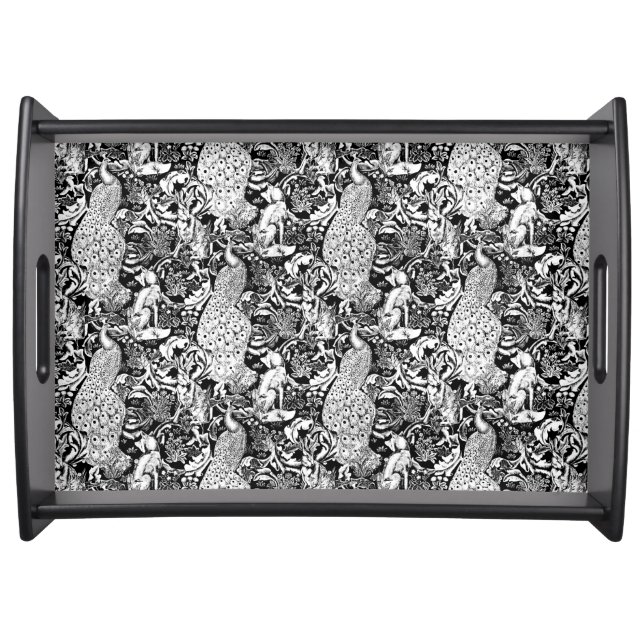 Art Nouveau Peacock Print, Black and White Serving Tray (Front)
