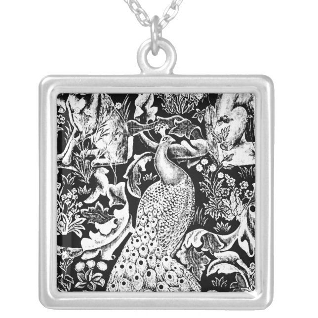 Art Nouveau Peacock Print, Black and White Silver Plated Necklace (Front)