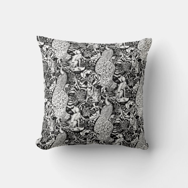 Art Nouveau Peacock Print, Black and White Throw Pillow (Front)