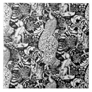 Art Nouveau Peacock Print, Black and White Tile