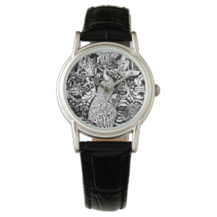 Art Nouveau Peacock Print, Black and White Watch