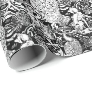 Art Nouveau Peacock Print, Black and White Wrapping Paper