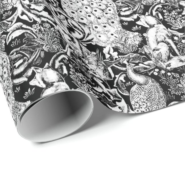 Art Nouveau Peacock Print, Black and White Wrapping Paper (Roll Corner)