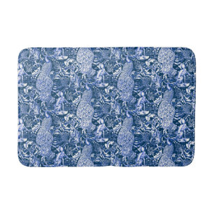 Art Nouveau Peacock Print, Blue and White Bathroom Mat