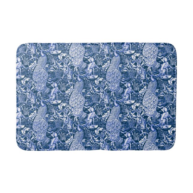 Art Nouveau Peacock Print, Blue and White Bathroom Mat (Front)