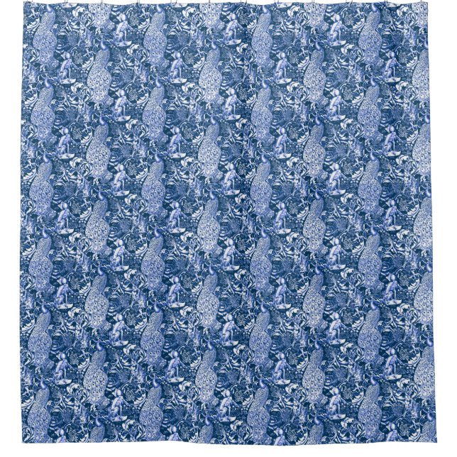 Art Nouveau Peacock Print, Blue and White Shower Curtain (Front)