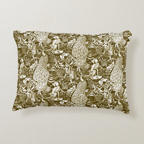 Art Nouveau Peacock Print Brown and Cream Accent Pillow