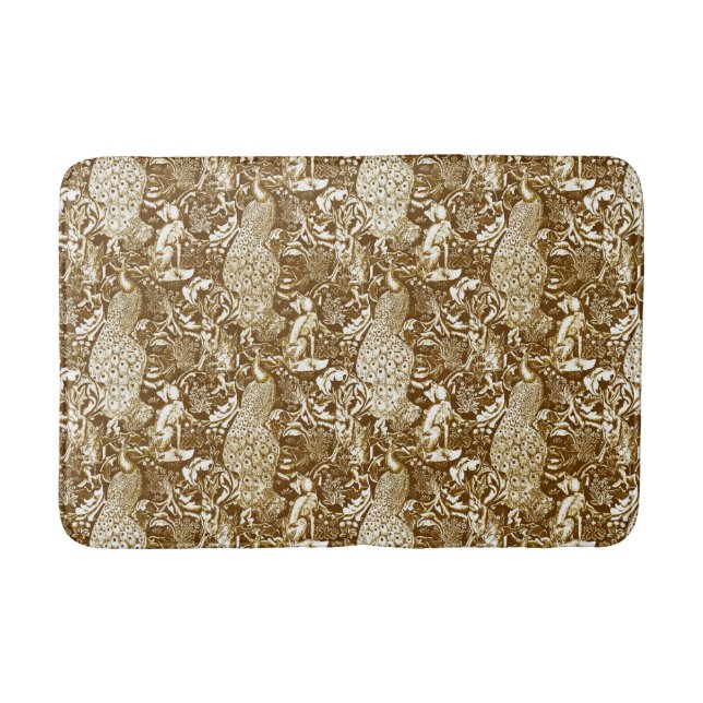 Art Nouveau Peacock Print, Brown and Cream Bathroom Mat (Front)