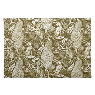 Art Nouveau Peacock Print, Brown and Cream Cloth Placemat