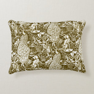 Art Nouveau Peacock Print, Brown and Cream Decorative Pillow