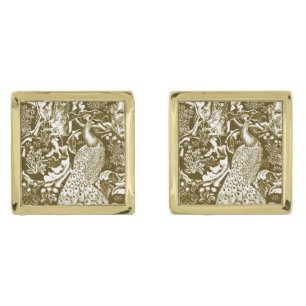 Art Nouveau Peacock Print, Brown and Cream Gold Cufflinks