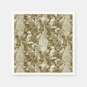 Art Nouveau Peacock Print, Brown and Cream Paper Napkins