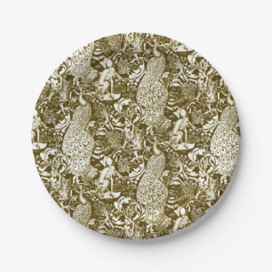 Art Nouveau Peacock Print, Brown and Cream Paper Plates