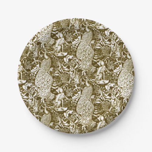 Art Nouveau Peacock Print Brown and Cream Paper Plates