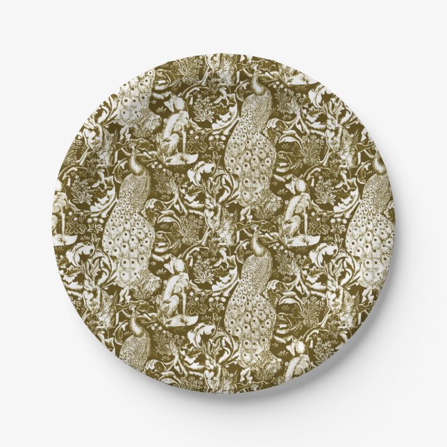 Art Nouveau Peacock Print, Brown and Cream Paper Plates (Front)