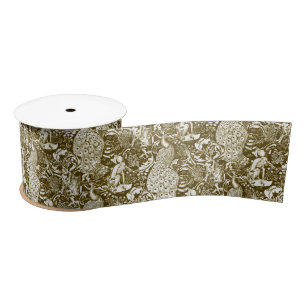 Art Nouveau Peacock Print, Brown and Cream Satin Ribbon