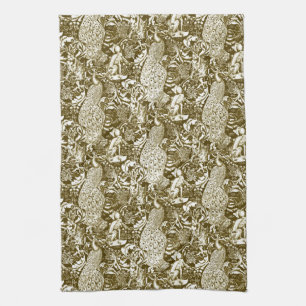 Art Nouveau Peacock Print, Brown and Cream Towel