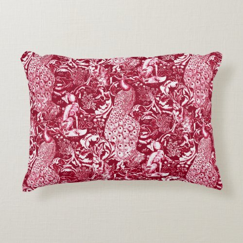 Art Nouveau Peacock Print Burgundy Wine Accent Pillow