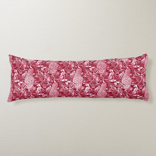 Art Nouveau Peacock Print, Burgundy Wine Body Pillow (Front)