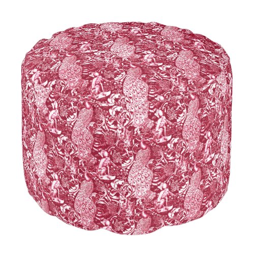 Art Nouveau Peacock Print Burgundy Wine Pouf