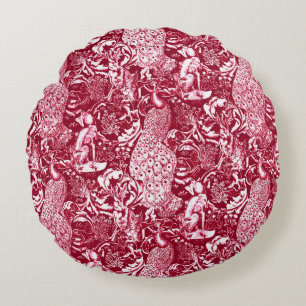 Art Nouveau Peacock Print, Burgundy Wine Round Pillow