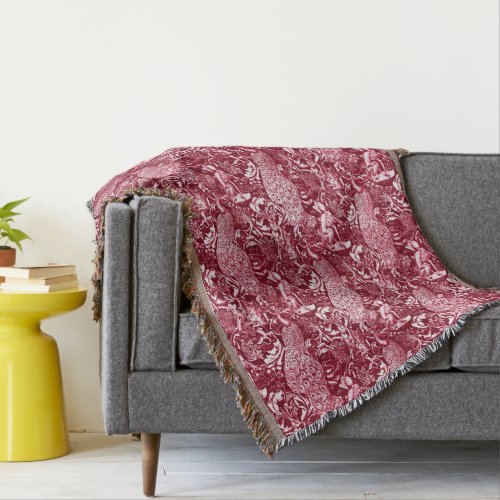 Art Nouveau Peacock Print Burgundy Wine Throw Blanket