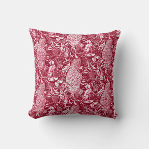 Art Nouveau Peacock Print, Burgundy Wine Throw Pillow