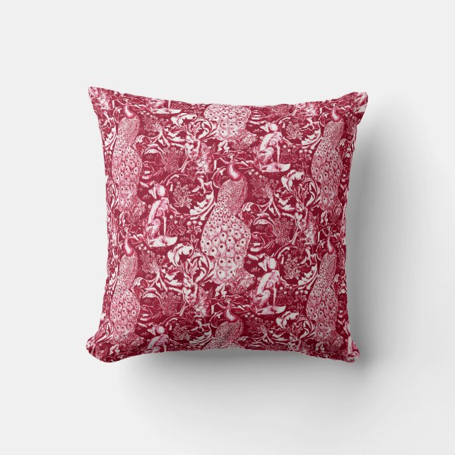 Art Nouveau Peacock Print, Burgundy Wine Throw Pillow (Front)