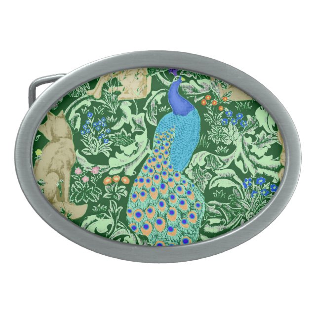 Art Nouveau Peacock Print, Cobalt Blue & Green Belt Buckle (Front)