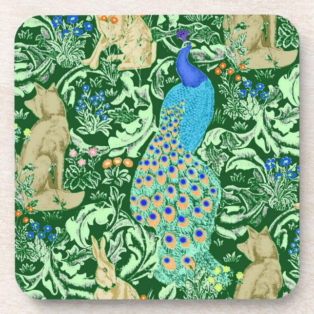 Art Nouveau Peacock Print, Cobalt Blue & Green Beverage Coaster (Front)