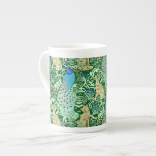 Art Nouveau Peacock Print, Cobalt Blue & Green Bone China Mug