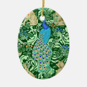 Art Nouveau Peacock Print, Cobalt Blue & Green Ceramic Ornament