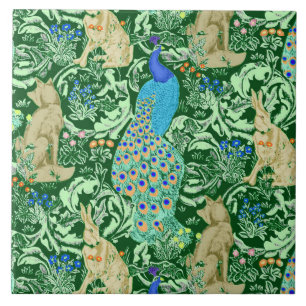 Art Nouveau Peacock Print, Cobalt Blue & Green Ceramic Tile