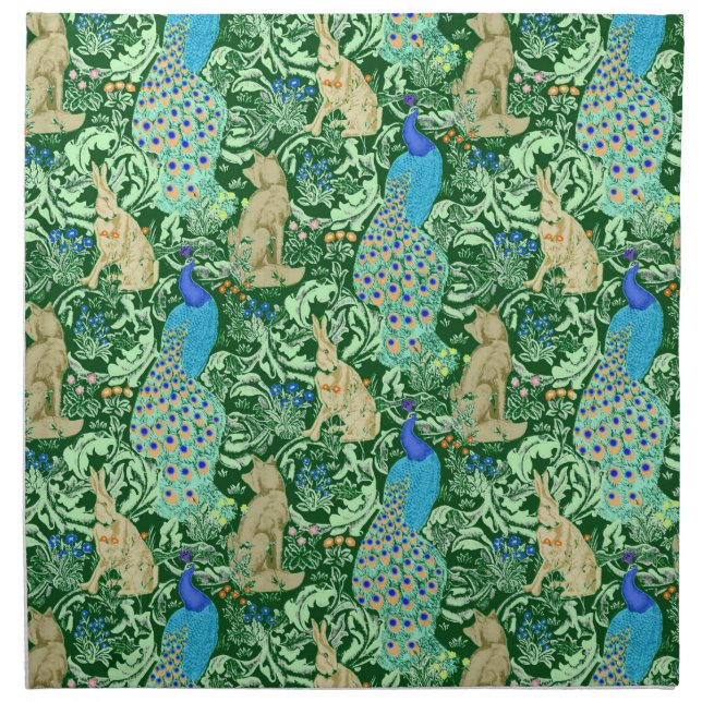 Art Nouveau Peacock Print, Cobalt Blue & Green Cloth Napkin (Front)