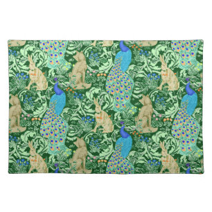 Art Nouveau Peacock Print, Cobalt Blue & Green Cloth Placemat