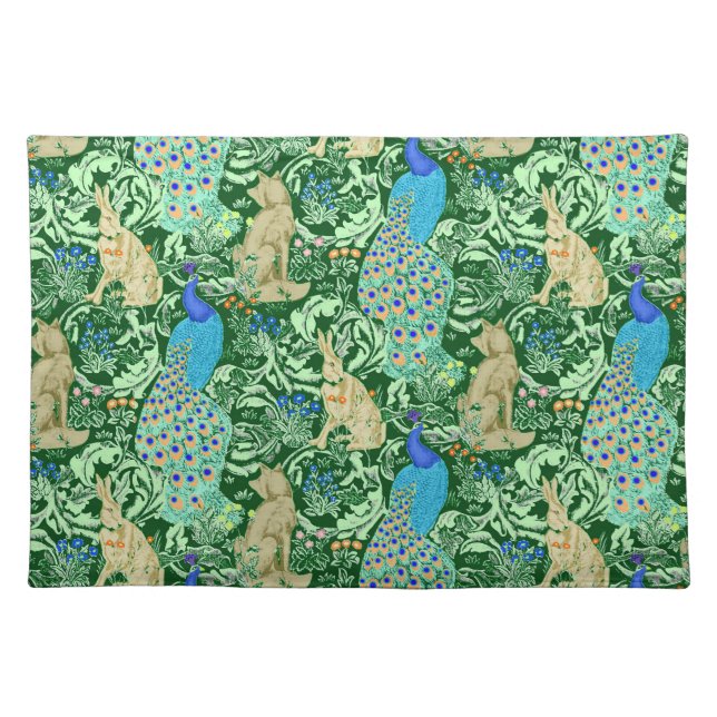 Art Nouveau Peacock Print, Cobalt Blue & Green Cloth Placemat (Front)