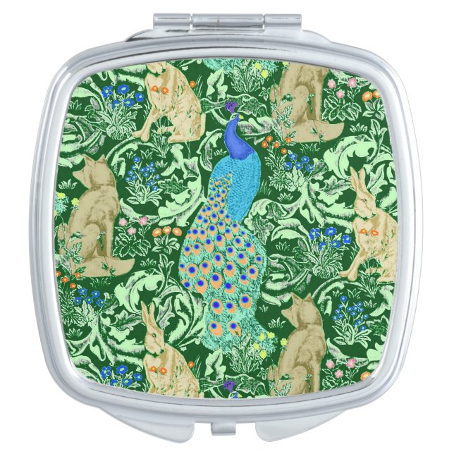 Art Nouveau Peacock Print, Cobalt Blue & Green Compact Mirror (Front)