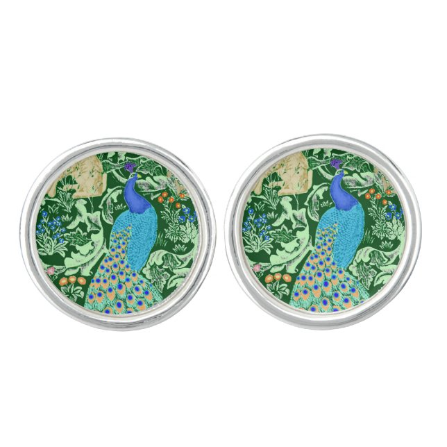 Art Nouveau Peacock Print, Cobalt Blue & Green Cufflinks (Front)